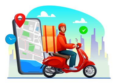 Mobiletli bir kurye ve elinde harita ve saat gösteren bir telefon. Hızlı teslimat hizmeti konsepti. Vektör çizgi film illüstrasyonu