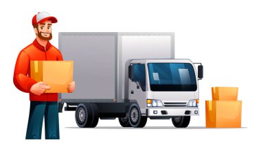 Kurye bir teslimat kamyonunun yanında bir kutu tutuyor. Nakliyeye hazırız. Vektör çizgi film illüstrasyonu