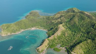 Uyuyan dinozor oluşumundaki tropikal adanın en üst görüntüsü. Turkuaz su ve mercanlar. Mati, Davao Oriental. Filipinler.