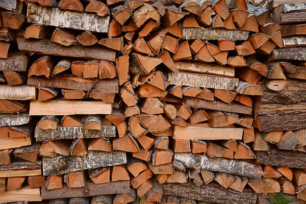 Chopped and stacked birch firewood as a natural background