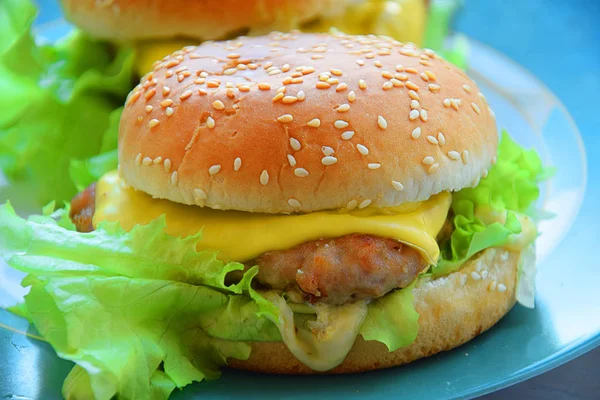 Házi Hamburgerek Salátával Sajttal Hagymával Tányéron — Stock Fotó