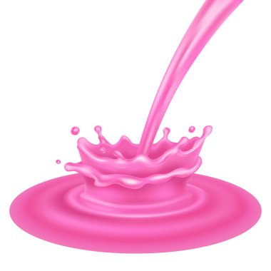 Pembe süt tacı fışkırıyor. Gerçekçi 3D vektör yoğurt akışı ikonu. Damlayan tasarım beyaz arkaplanda izole edildi
