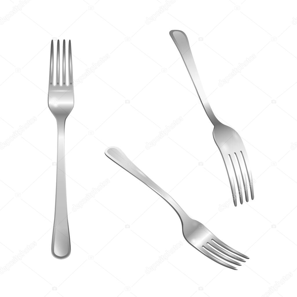 Set of realistic metal forks from different points of view. 3d realism. Vector stainless steel cutlery illustration isolated on white background.