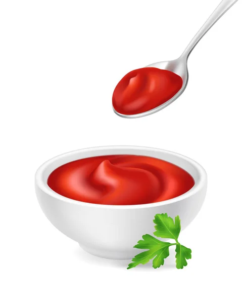 Ketchup em tigela e colher —  Vetores de Stock