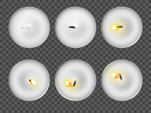 Teelichter Set Vorhanden Unterschiedliches Brennendes Licht Isoliert Verschiedene Flammenförmige Tischplatten — Stockvektor