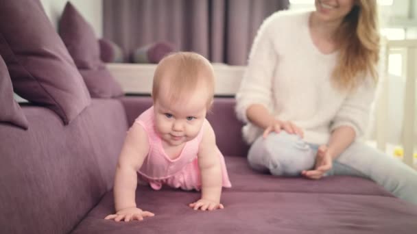 Kisbaba mászik az otthoni kanapén. Aranyos kölyök, négykézláb jár. — Stock videók