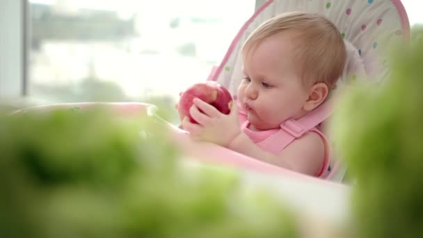 Младенец ест яблоко. Завтрак со свежими фруктами. Здоровое питание детей — стоковое видео