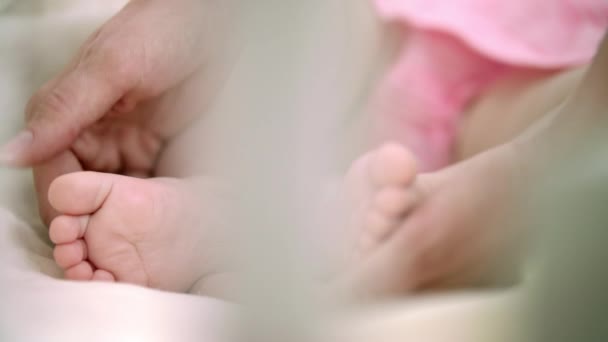 Mãe mão tocando bebê infantil pé. Ternura familiar. Assistência à maternidade — Vídeo de Stock