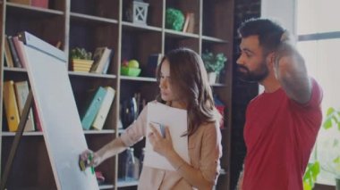 Erkek ve kadın tartışma iş çözümü. Pazarlamacılar Pazarlama stratejisi çalışma