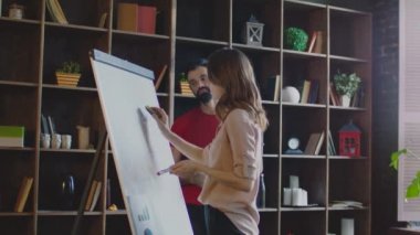 Beyaz tahta temizlik ve yeni diyagram flipchart üzerinde çizim iş kadını