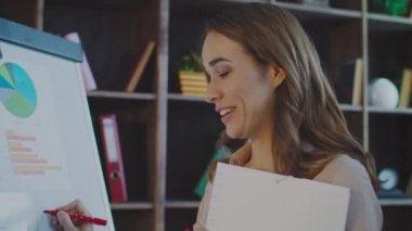 Gülümseyen iş kadını ofiste iş planı beyaz tahta üzerinde yazıyor