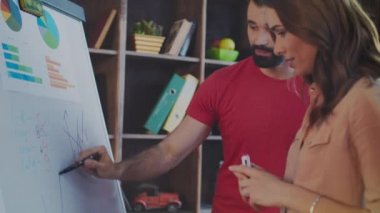 Yaratıcı ekibi şirket iş planı Office beyaz tahta üzerinde tartışıyor