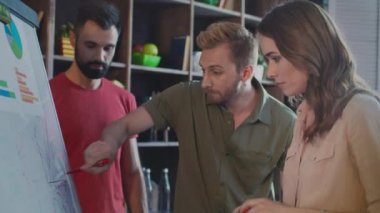 İş adamı gösteren pazar stratejisi beyaz tahta üzerinde. Ofiste iş arkadaşlarınıza fikir açıklayan işadamı. Satış ve pazarlama ekibi mali rapor işaret kurulu yakınındaki tartışıyor. İş toplantı kavramı