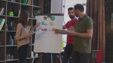 Genç iş adamları iş planı üzerinde Office beyaz tahta hakkında tartışmak