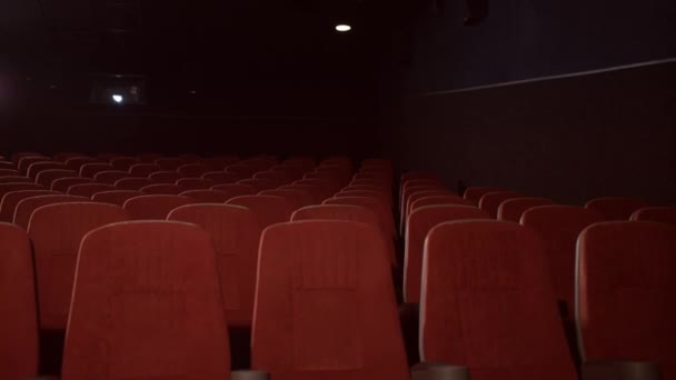 Lege stoelen in cinema theater. Lege theaterzaal met rode Fauteuils — Stockvideo