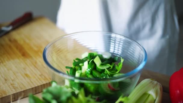 Gezonde vegetarische salade met verse ui, komkommer en radijs — Stockvideo