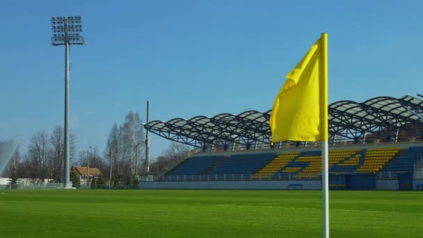 Prázdné sportovní stadion s někým z tribun a zelená pole — Stock video