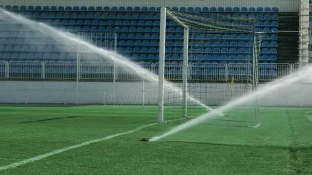 サッカーのフィールドで芝生のスプリンクラー。サッカー アリーナ水灌漑。草に水をまく — ストック動画