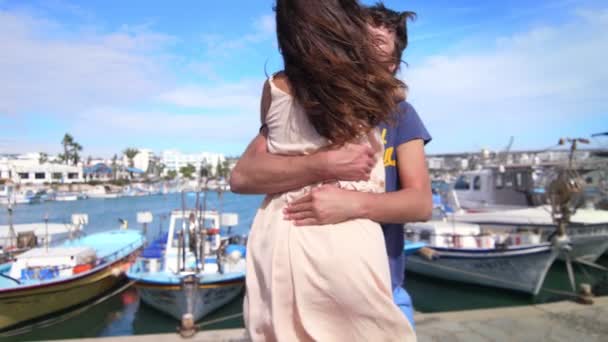 Woman embracing man on ship dock. Enjoy family journey. Summer feeling lifestyle