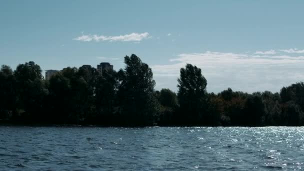 Città fiume paesaggio a piedi. Paesaggio naturale fluviale nella giornata di sole — Video Stock