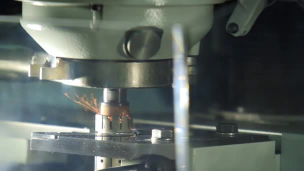 Close up of industrial machine drilling tool part. Sparkles during metalworking — Stock Video