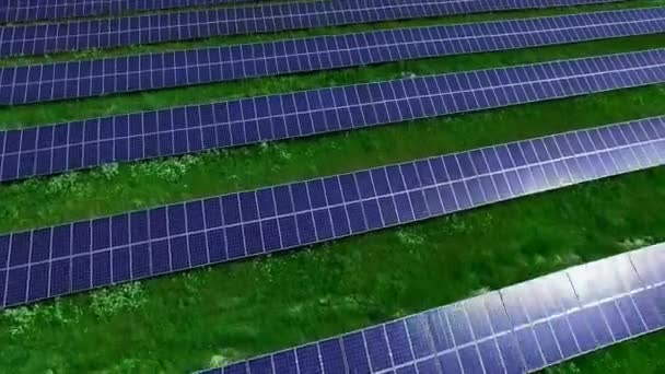 Filas de paneles solares fotovoltaicos en el campo. Paisaje aéreo con células solares — Vídeo de stock