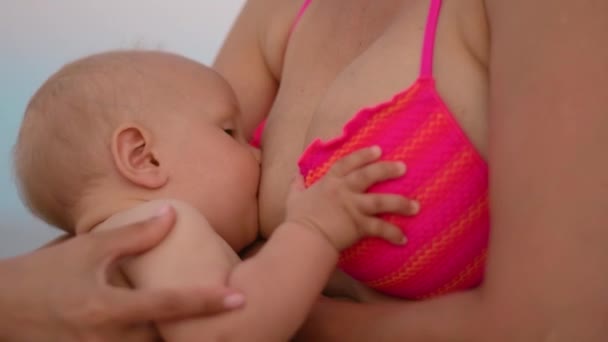 Woman feeding baby at beach. Mother breastfeeding newborn child on hands — Stock Video