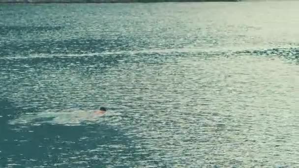 Gadis muda belajar berenang gaya dada di laut. Konsep olahraga — Stok Video