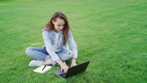 Mulher feliz trabalhando no computador portátil no gramado verde no parque de verão — Vídeo de Stock