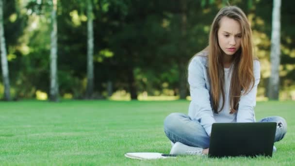 Focused femme en utilisant un ordinateur portable pour travailler en ligne sur l'herbe verte dans le parc d'été — Video