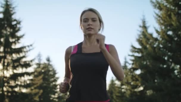 Giovane donna corridore di formazione nel parco estivo. Close up donna in forma jogging all'aperto — Video Stock