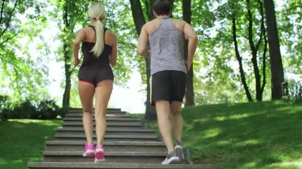 Pareja corriendo subiendo escaleras por la mañana correr en el parque de verano — Vídeo de stock