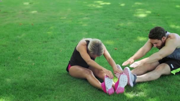 Allenamento di giovani coppie esercizi di stretching insieme nel parco estivo — Video Stock