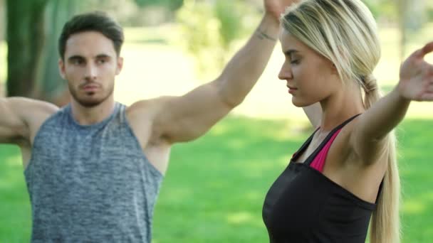 Spor çift eğitim yoga dua ederken açık egzersiz. Genç erkek ve kadın — Stok video