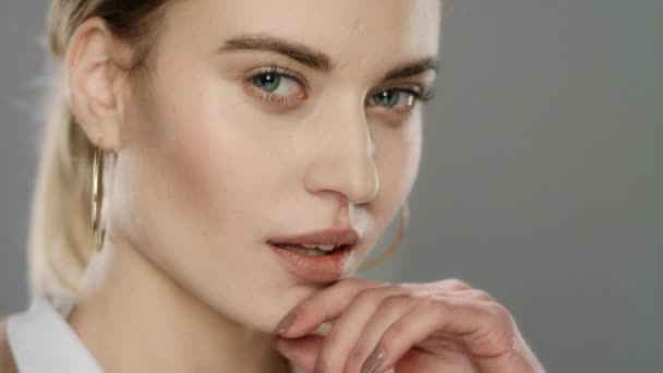 Sexy vrouw gezicht. Portret van een jonge vrouw die het gezicht aanraakt met de hand in slow motion — Stockvideo