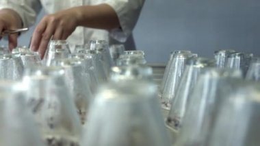 Bilim adamı deneyler imal etmek için masaya laboratuvar cam hazırlanıyor