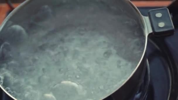 Acqua bollente per cucinare il tè sul bruciatore a gas durante il tour escursionistico. Attrezzatura da campeggio — Video Stock