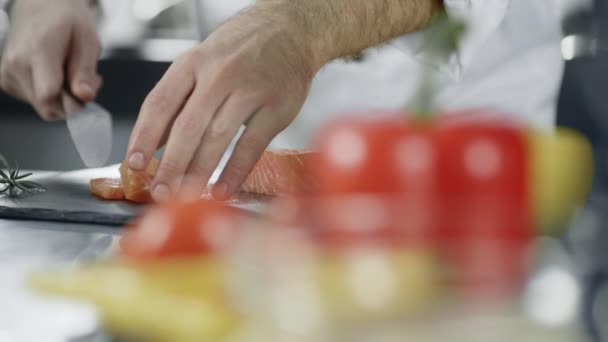 Koch beim Fischschneiden in der professionellen Küche. Nahaufnahme Koch Hände Lachs in Scheiben schneiden — Stockvideo