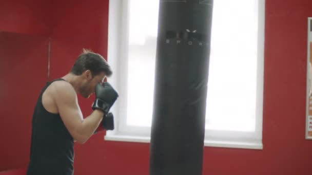 Spor adamı antrenmanda boks çantasını yumruklıyor. Dövüş kulübünde Kickboxer eğitimi — Stok video