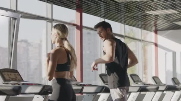 Couple de remise en forme en cours d'exécution sur machine tapis roulant dans le club de gym ensemble — Video