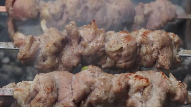 Grigliate di carne marinata sulla griglia affumicata. Primo piano spiedo di carne fresca sulla griglia barbecue — Video Stock