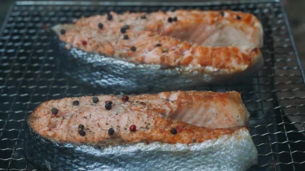 Salmão churrasco com tempero grelhar na grelha de carvão. Close up cozinhar churrasco de peixe — Vídeo de Stock