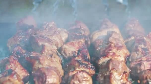 烧烤烤肉在木炭烤架。特写肉烤肉串的烟雾 — 图库视频影像