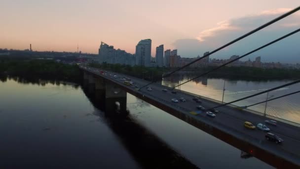 Car moving on suspension bridge. Drone view car traffic on hanging bridge — Stock Video