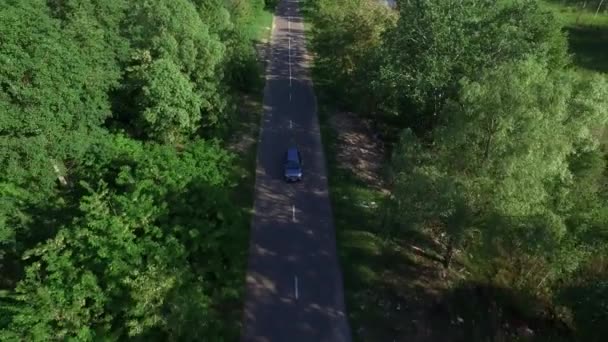 Samochód porusza się po drodze wiejskiej przez lato Las widok z lotu ptaka — Wideo stockowe