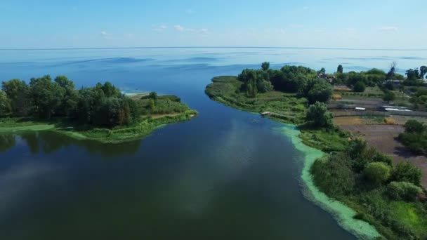Drone vista isla y campo de cultivo en la costa. Mar azul con vista despejada al horizonte — Vídeo de stock