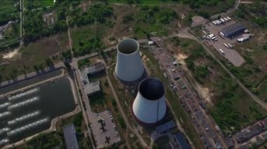 Aerial view pipe thermal power plant. Industrial chimneys on hydro power station
