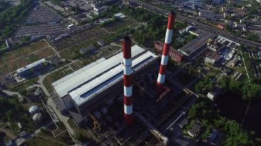 Aerial view chimneys on industrial plant. Industrial pipe on chemical factory