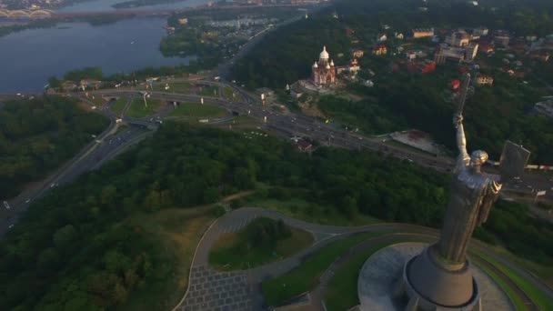 Aerial view Mother Motherland in Kiev city, Ukraine. Citu panorama from above — Stock Video