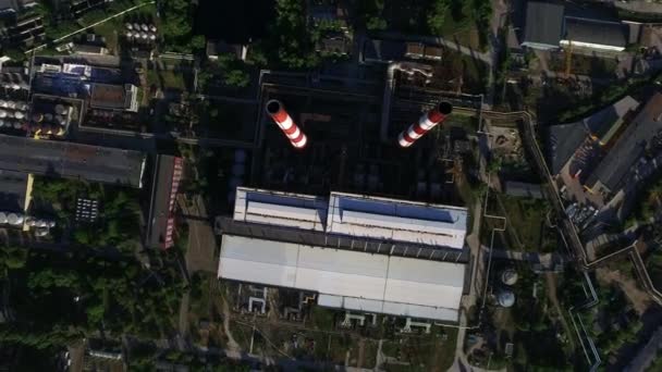 Drone view chimneys on electric power plant. Industrial pipes on heating station — Stock Video